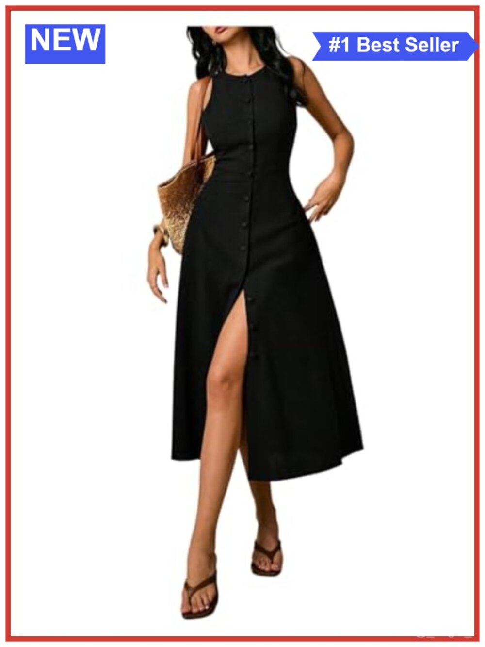 Sleeveless Midi Dress Button Down Linen Blend Tie Back Pockets